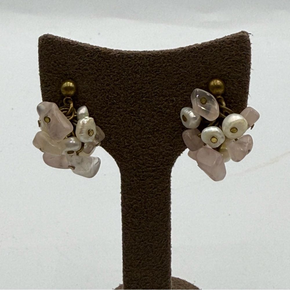Elegant Cluster Earrings with rose quartz Pink and real pearl stud earrings